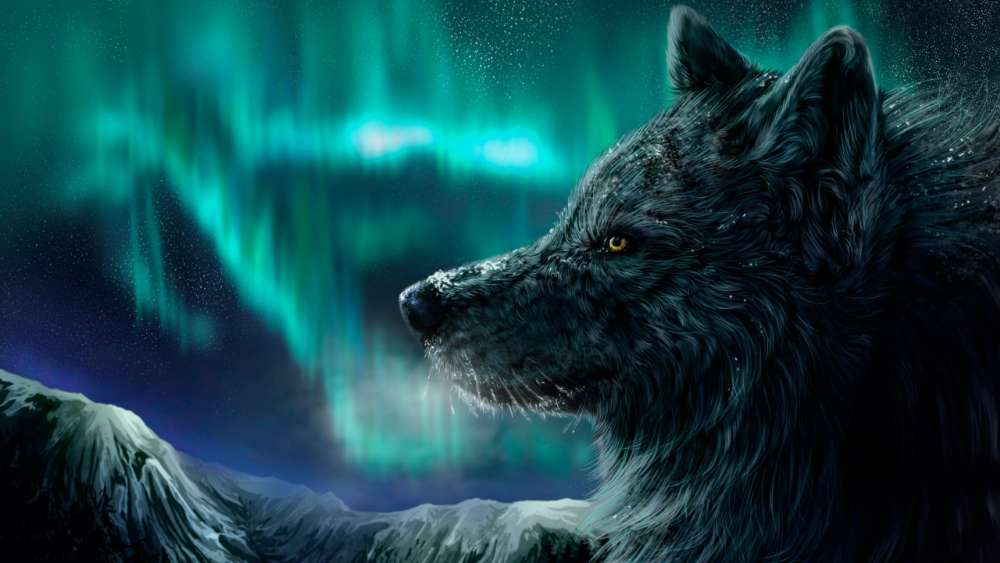 Wolf and polar lights wallpaper