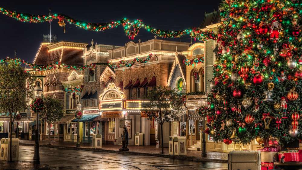 Disneyland Main Street with Christmas ornament wallpaper