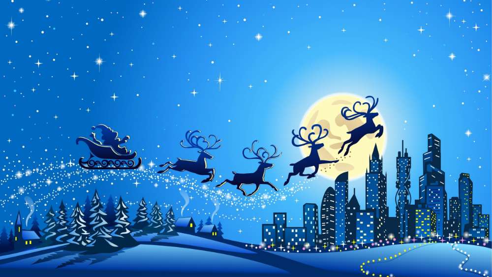 Santa Claus flying over the city wallpaper