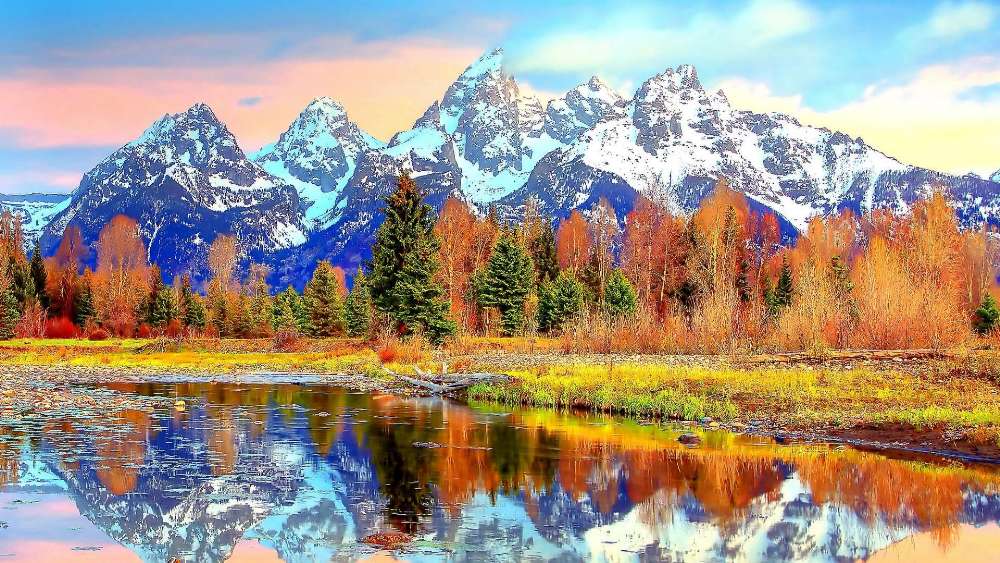 Teton Range reflected in Snake River wallpaper