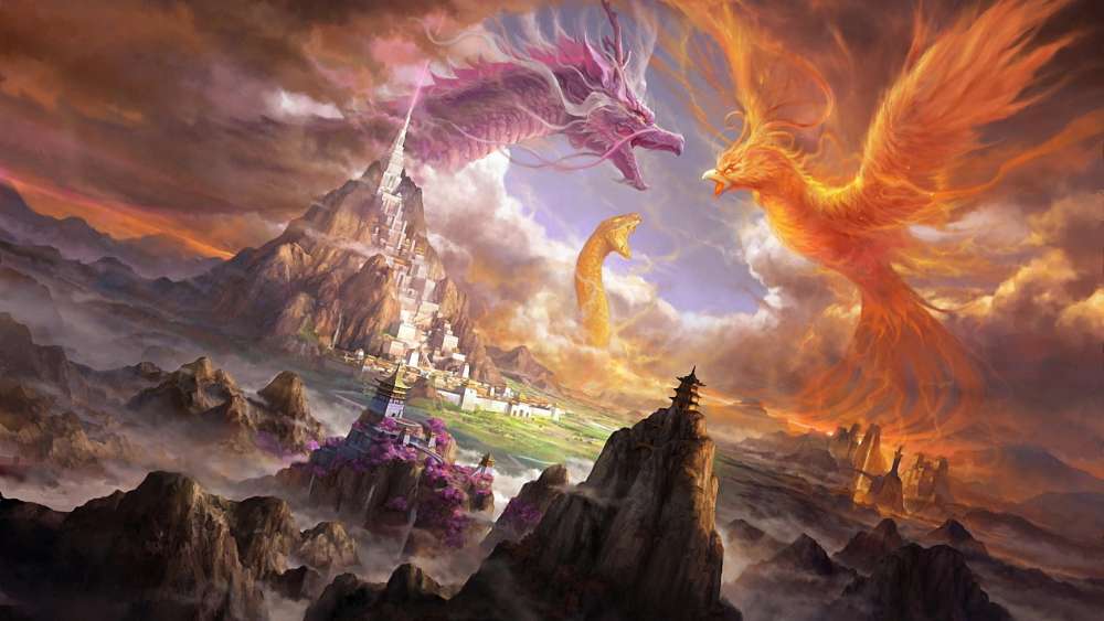 Mystical Clash of Dragon and Phoenix wallpaper