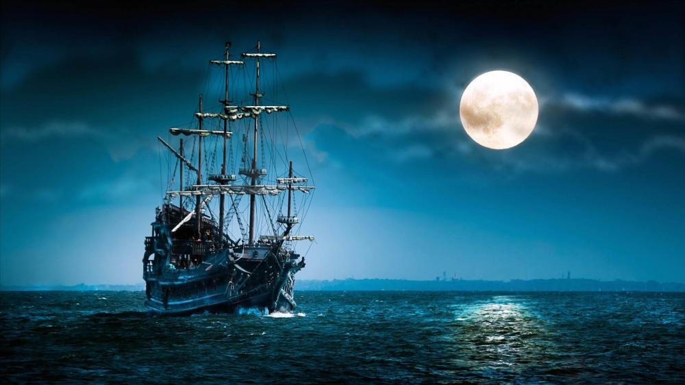 Vintage sailing ship in the full moon wallpaper