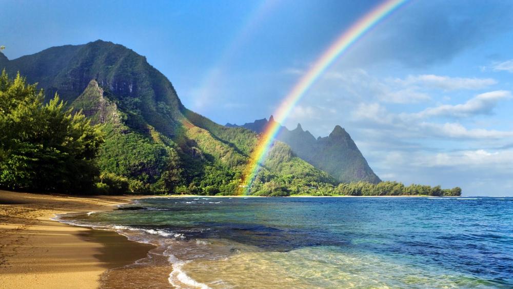 Hawaiian beach with rainbow wallpaper