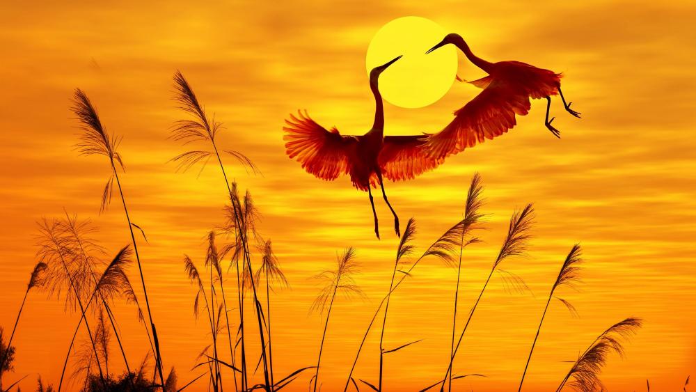 Cranes in the sunset wallpaper