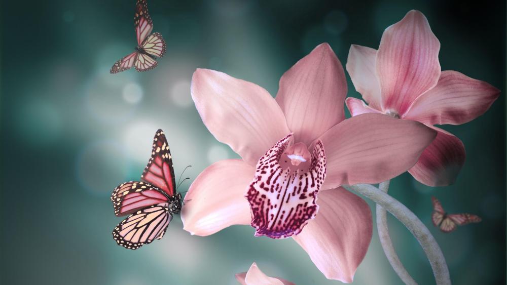 Pink orchids with butterflies wallpaper