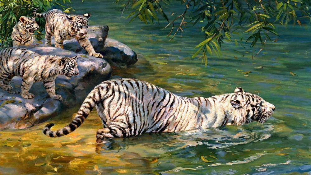 Bengal tigers painting art wallpaper