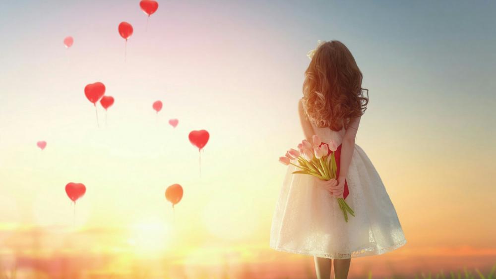 Romantic girl with flowers wallpaper
