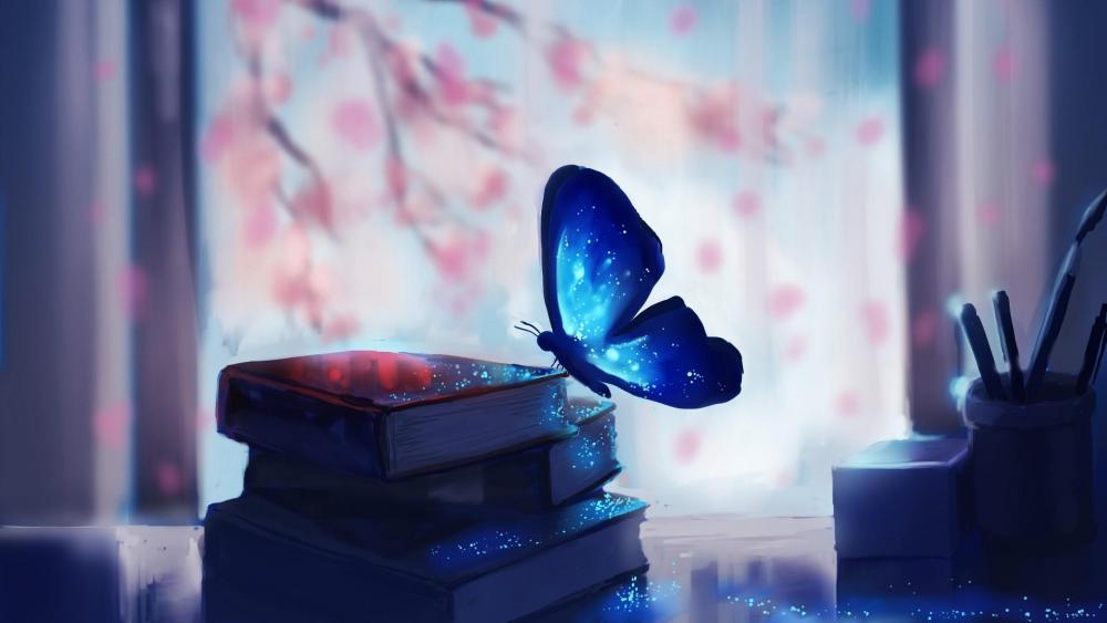 Butterfly on the books wallpaper