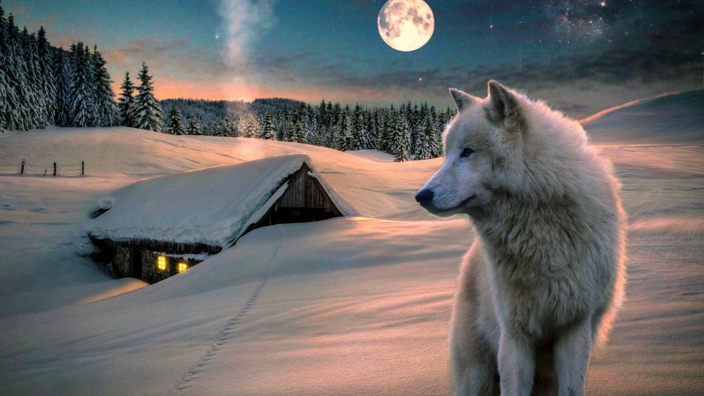 White wolf in the snow - Fantasy art wallpaper