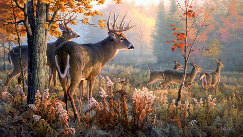 Deers in the forest - Nature painting art wallpaper