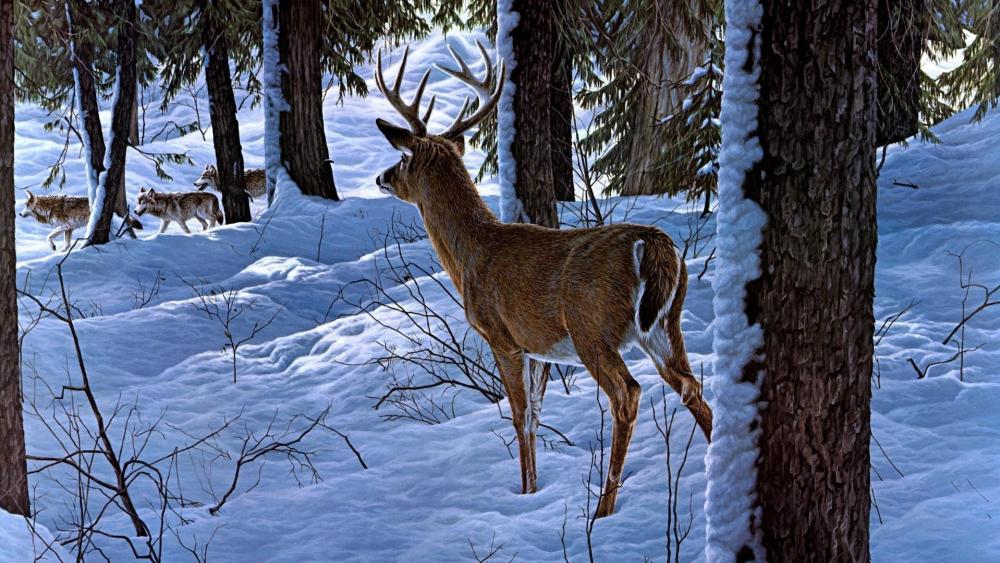 Deer in the winter forest - Painting art wallpaper