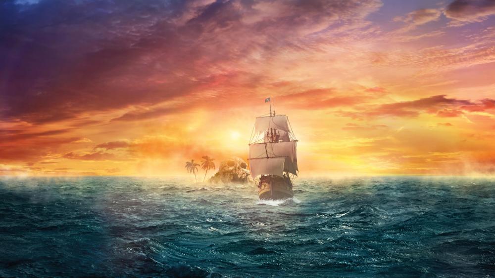 Pirate ship in the sunset - Fantasy art wallpaper