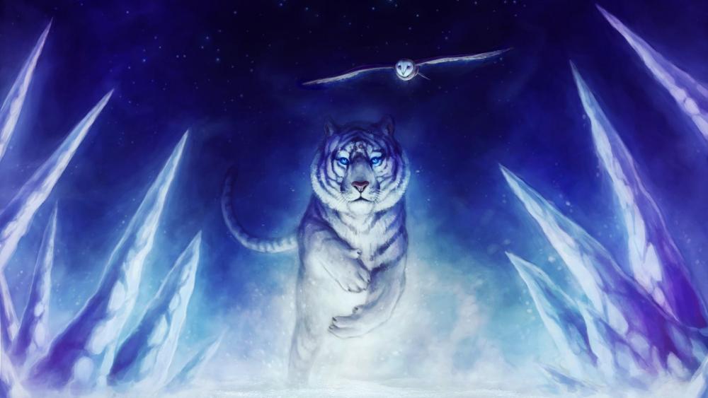 White tiger with a flying owl - Fantasy art wallpaper