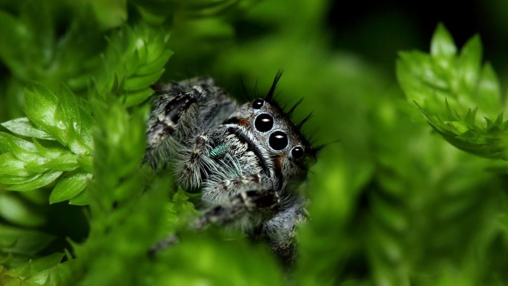 Spider lurking in the leaves wallpaper