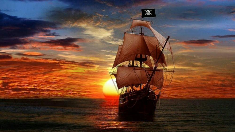 Pirate ship in the sunset - Fantasy art wallpaper