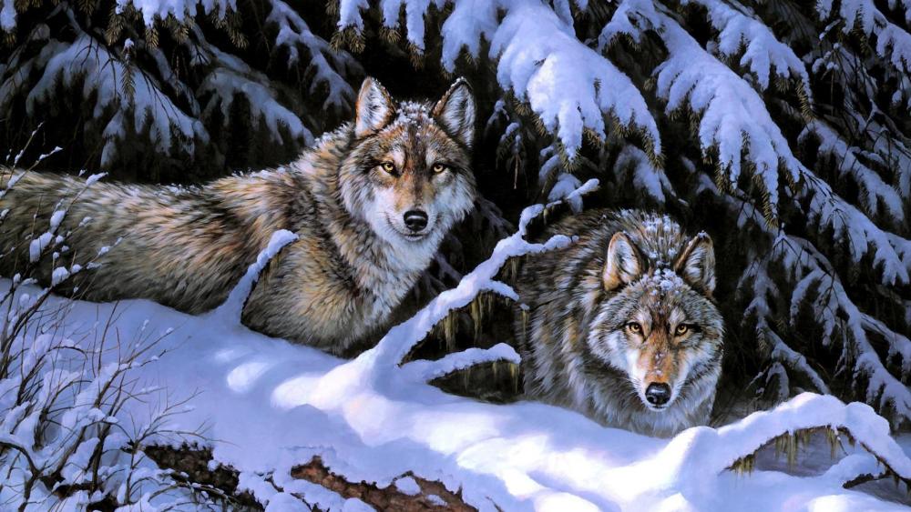 Wolf couple in the snow painting art wallpaper