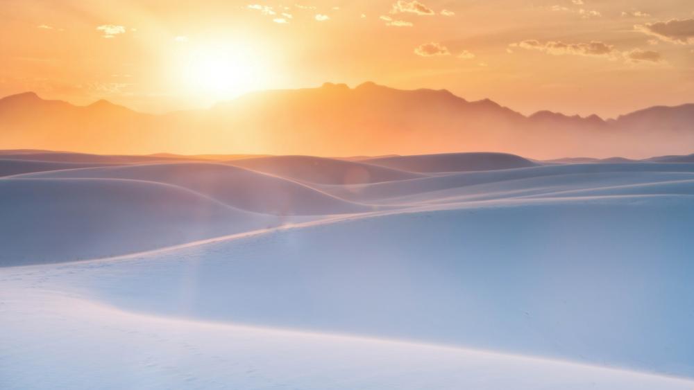 Sunrise over the white desert dune wallpaper