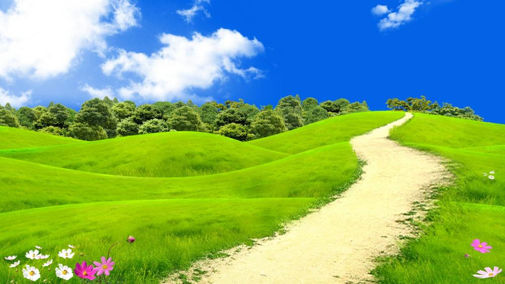 Dreamy grass field  in the hills - Fantasy art wallpaper