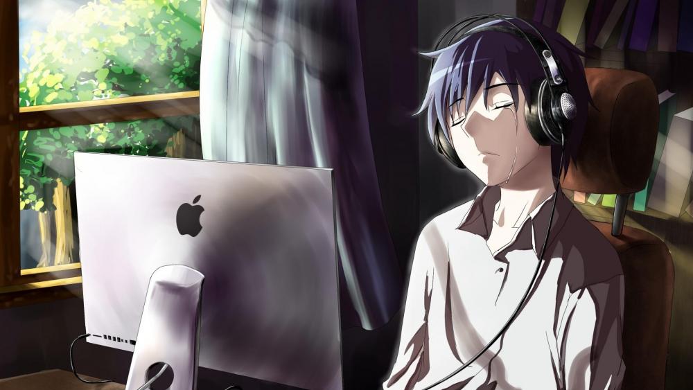 Anime guy listening to music and cry wallpaper