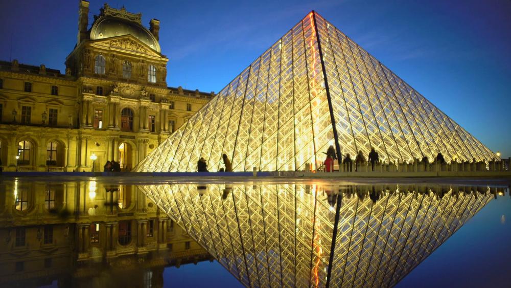 Louvre Pyramid reflection at night - Paris, France wallpaper
