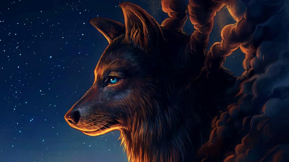 Wolf with starry sky - Fantasy art wallpaper