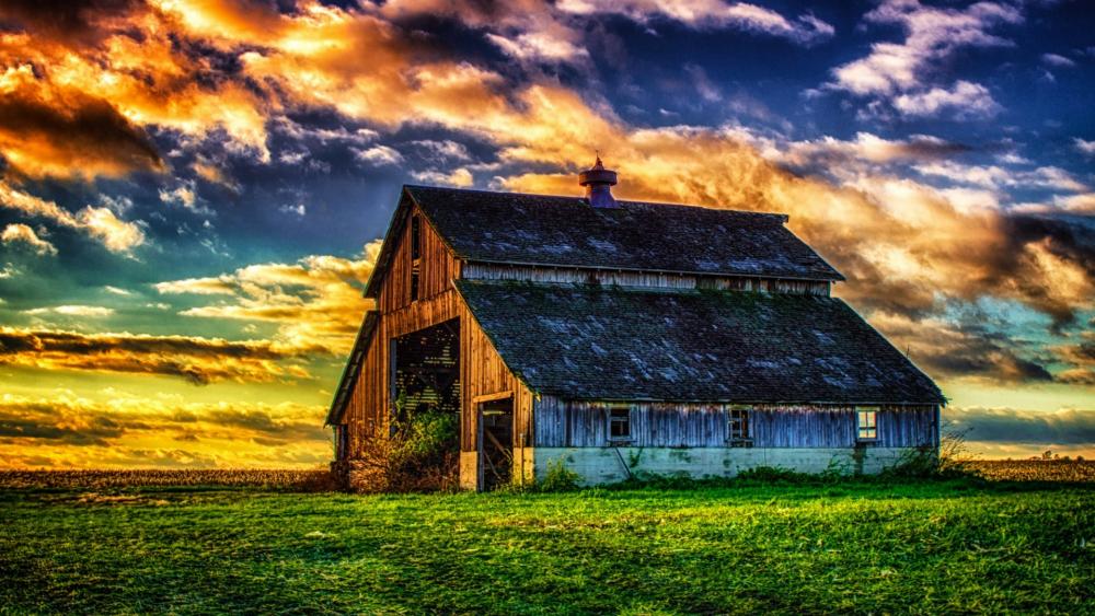 Abandoned old barn in the field wallpaper