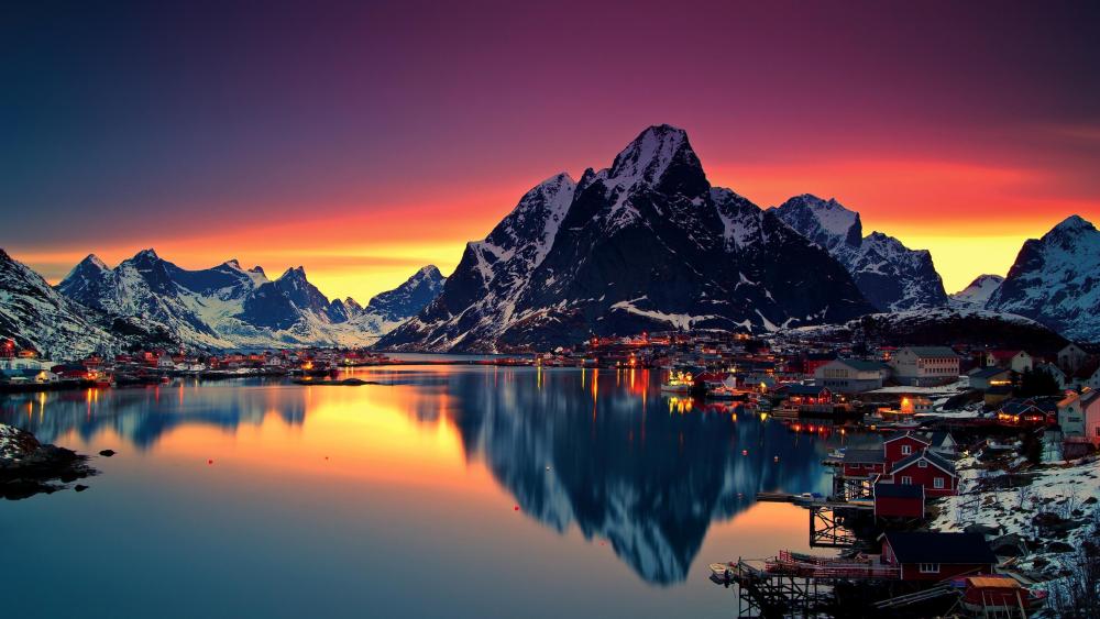 Midnight sun reflection in Lofoten, Norway wallpaper