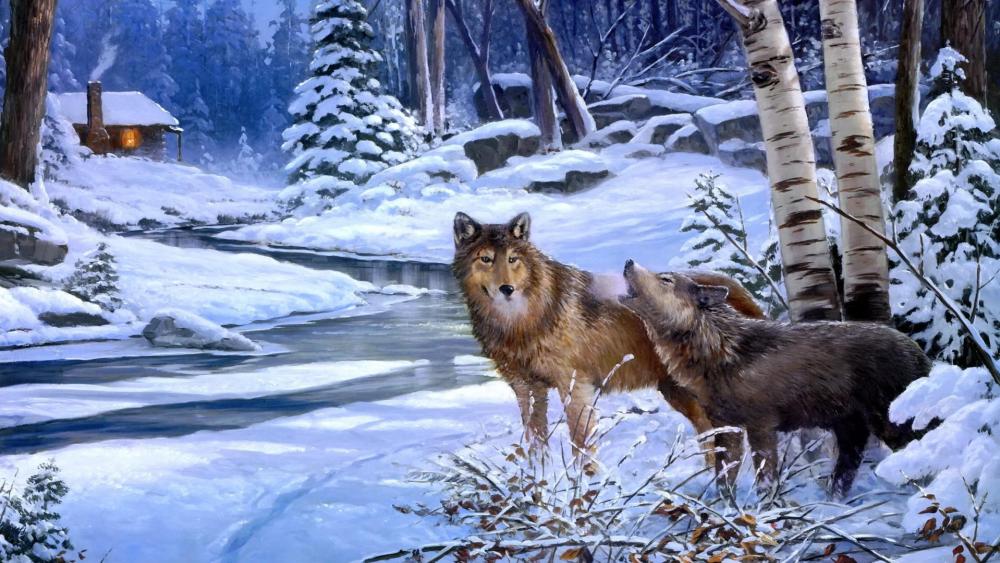 Wolf howling - Painting art wallpaper
