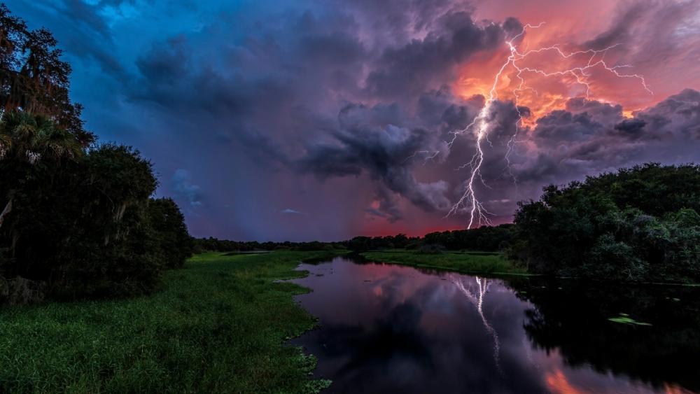 Lightning reflected in bayou wallpaper - backiee