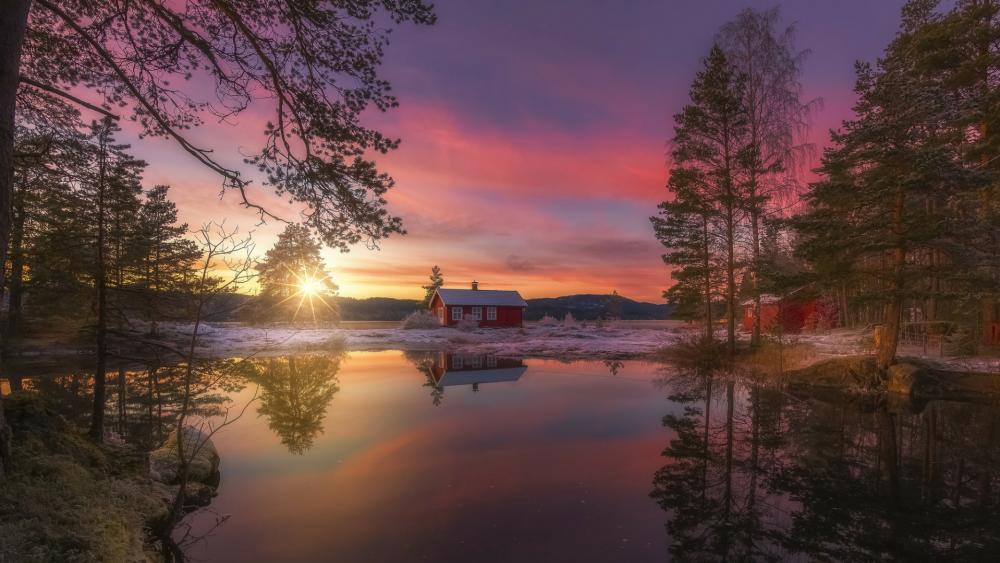 Lonely cabin on lake in winter - Ringerike, Norway wallpaper