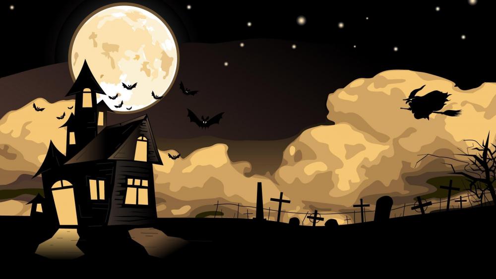 Flying witch and bats - Halloween illustration wallpaper