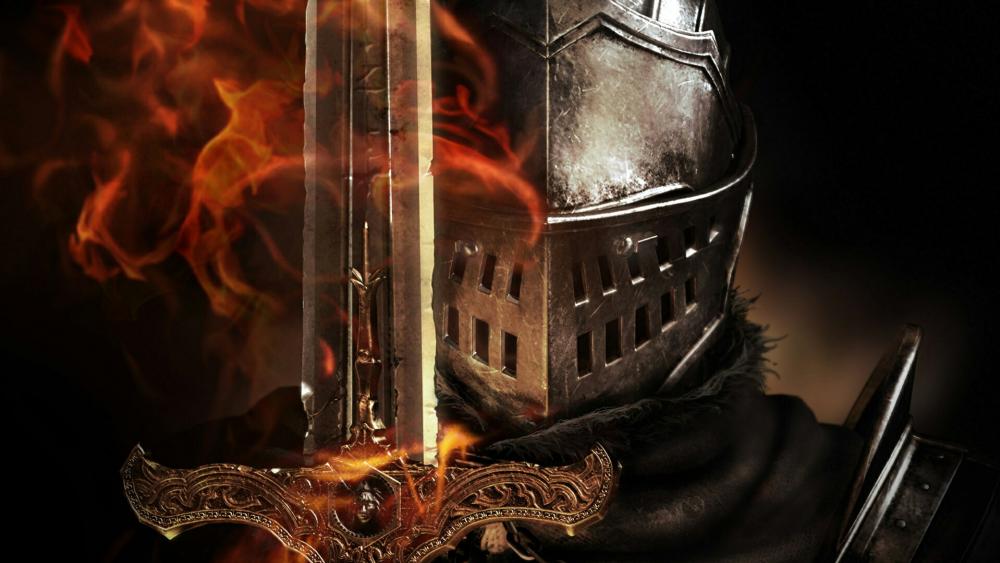 Knight helmet with sword wallpaper
