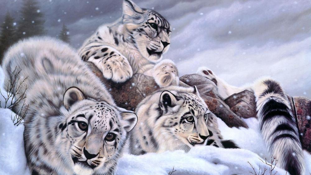 Snow leopard cubs - Painting art wallpaper