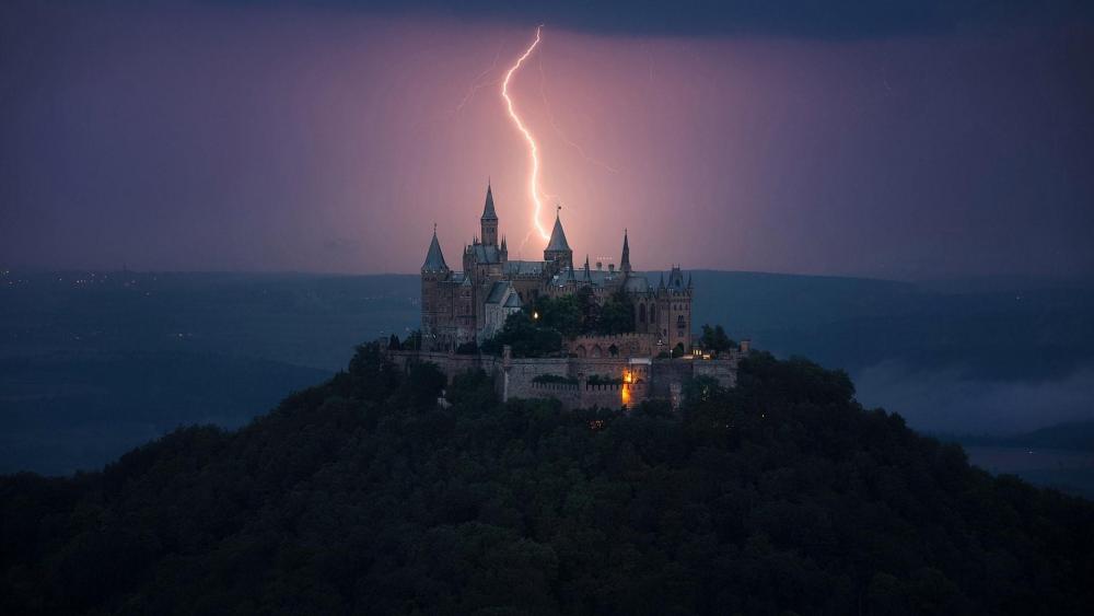 Hohenzollern Castle with lightning strike wallpaper