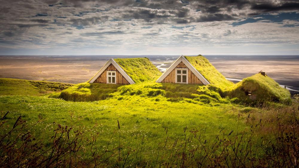 Houses covered by moss in Iceland wallpaper