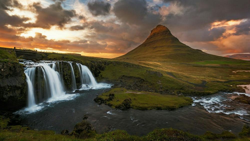 The iconic Kirkjufell Mountain and waterfalls wallpaper