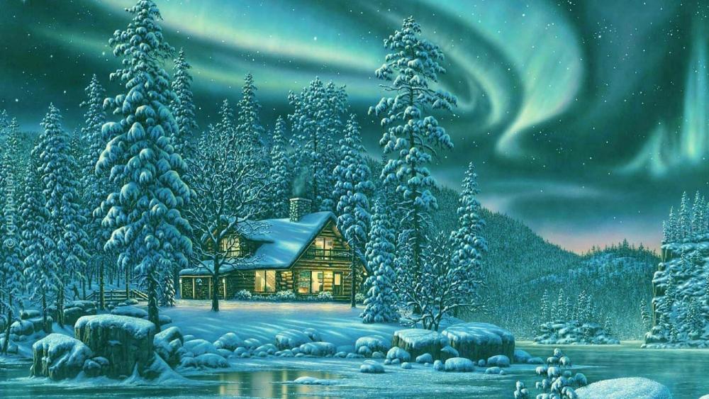 Winter chalet in Northern lights wallpaper