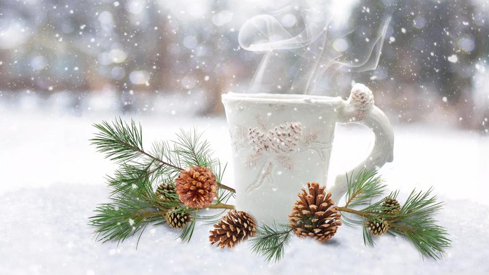 Hot coffee steam in the snowfall wallpaper