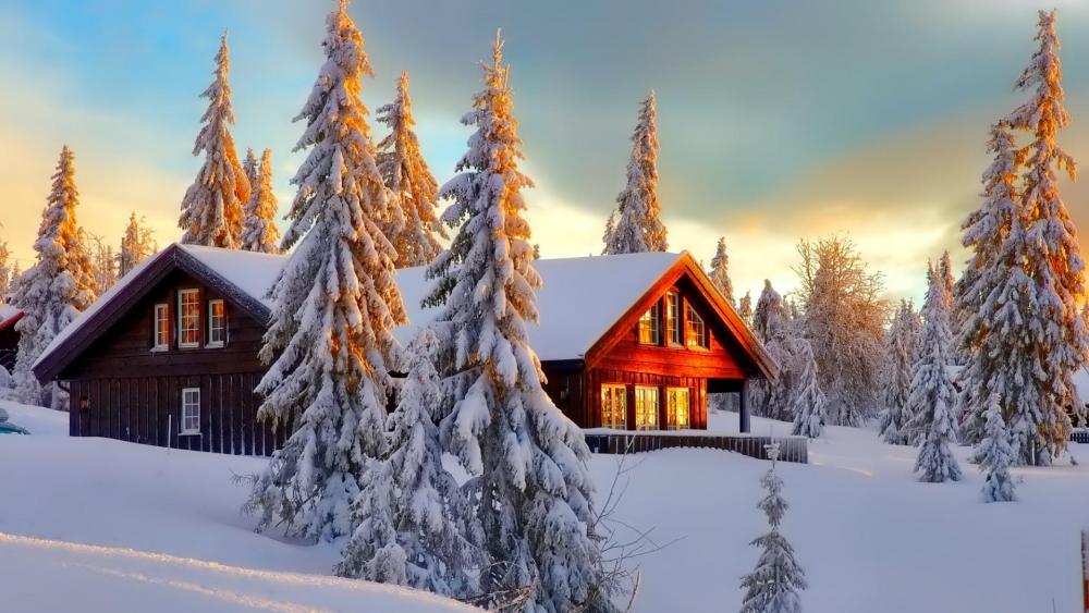 Snowy Log cabin at Kitkajoki river in Finland - backiee