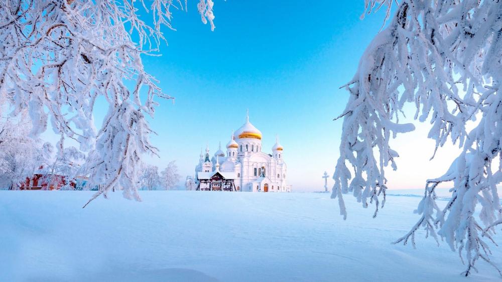 Belogorsky Monastery of St. Nicholas in winter wallpaper