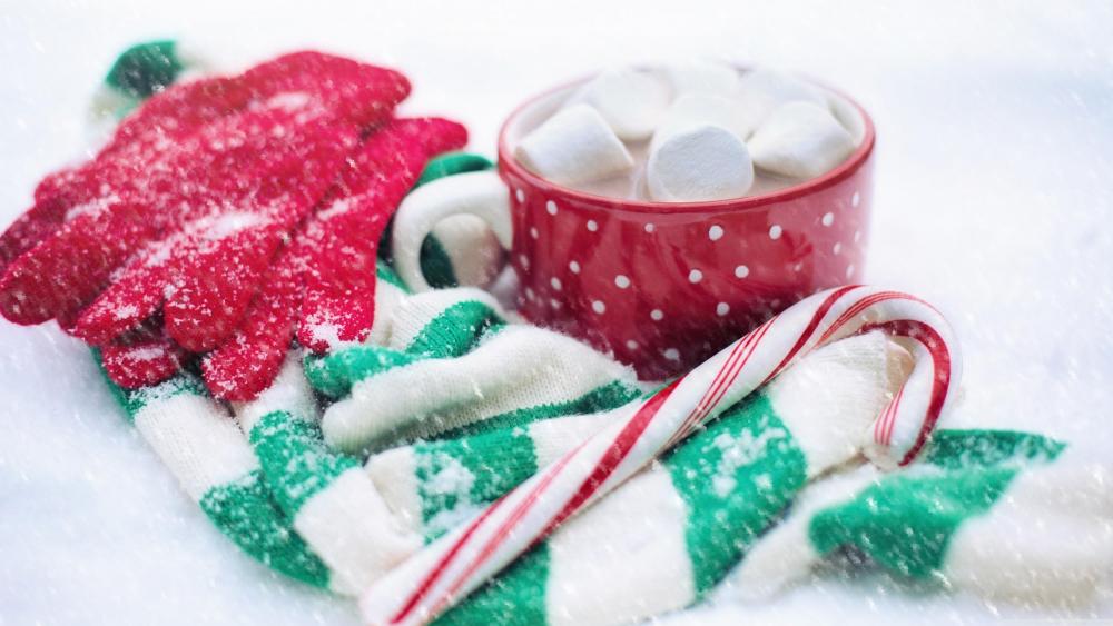 Hot chocolate and candy cane in the snow wallpaper