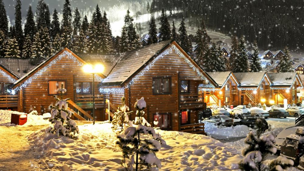 Christmas log cabin wallpaper