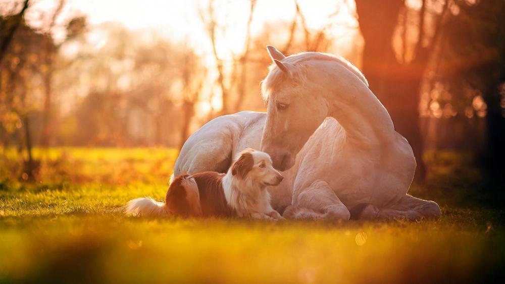 White horse with a dog wallpaper