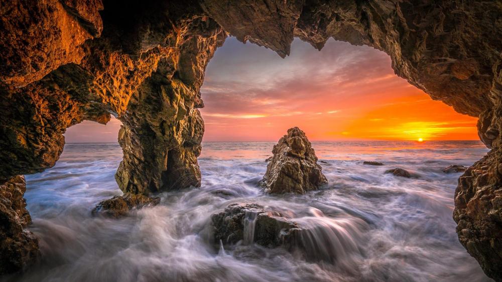 Malibu beach sea cave sunset wallpaper