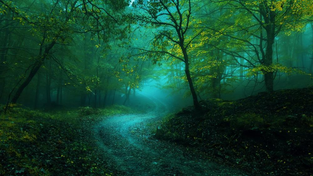 Misty curvy forest path wallpaper