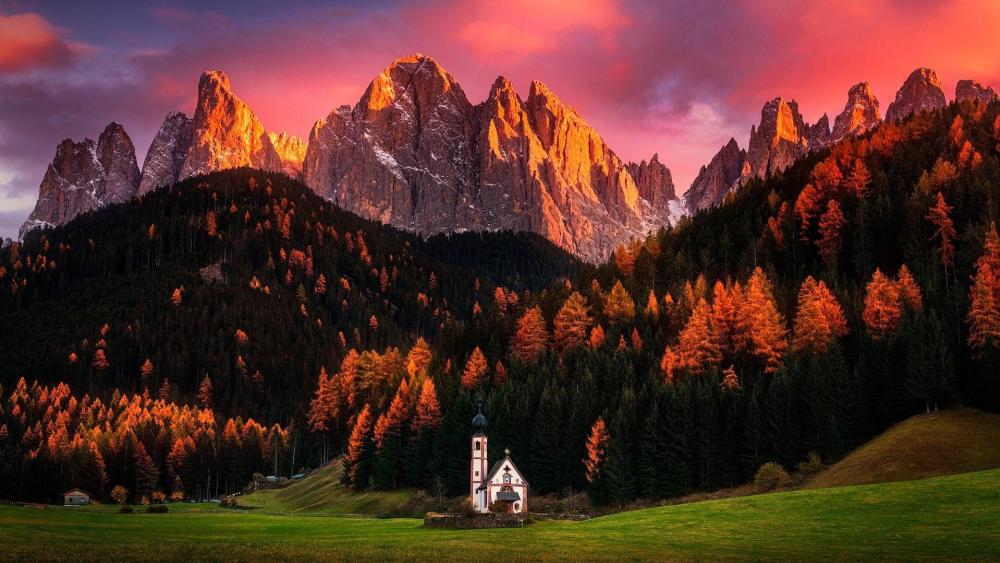 Small church at Funes Valley wallpaper