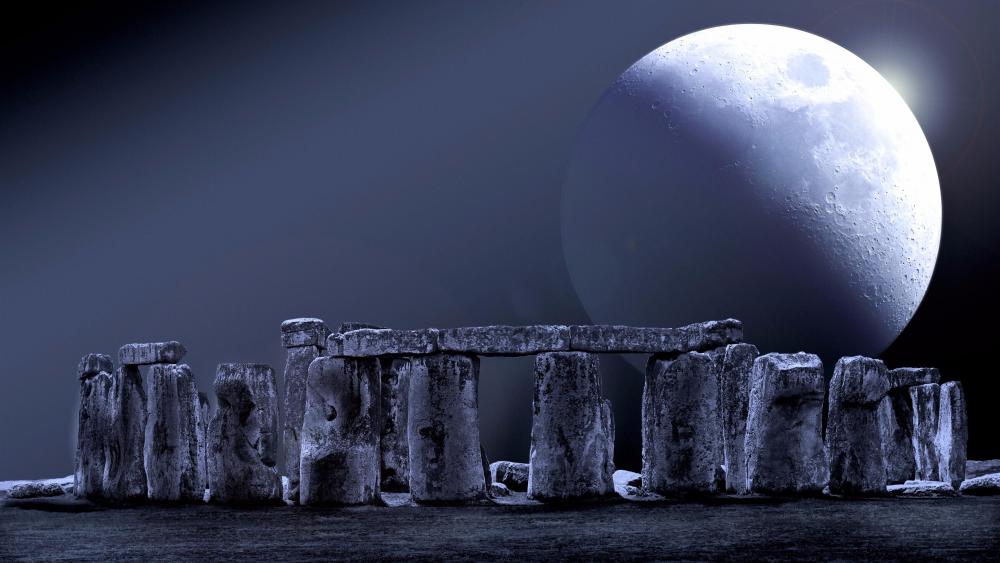 Stonehenge with an enormous full moon wallpaper