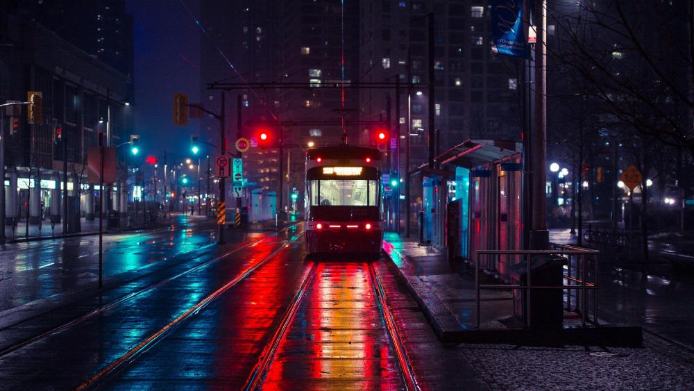 Tram in the night city wallpaper