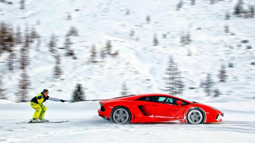 Skiing with a Lamborghini Aventador wallpaper