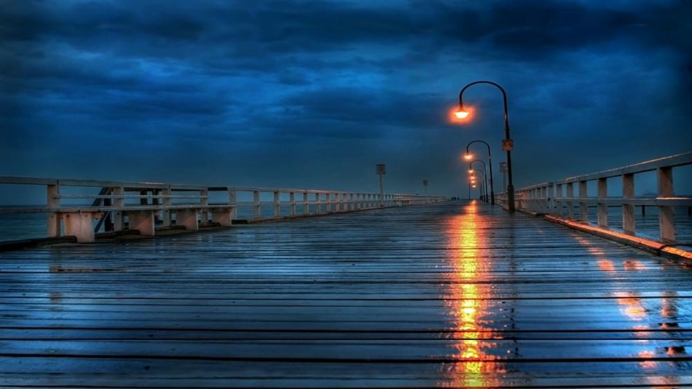 Long pier on a rainy day wallpaper